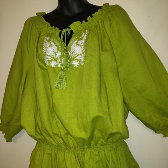 Lime Green Linen Blend Top Women's Blouse 2X Embroidered Tassels Boho Festival - Picture 7 of 16